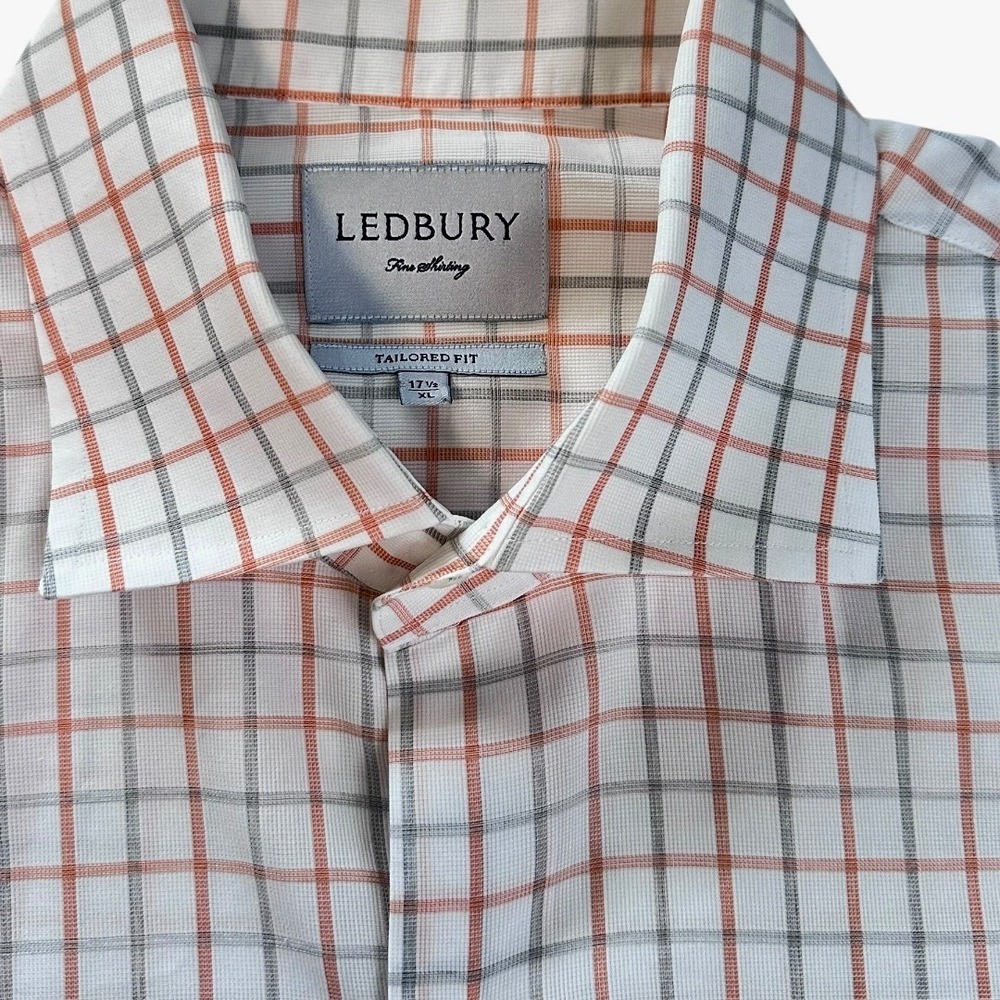 Ledbury Men's XL 17.5 Tailored Fit Dress Shirt White Orange Gray Check